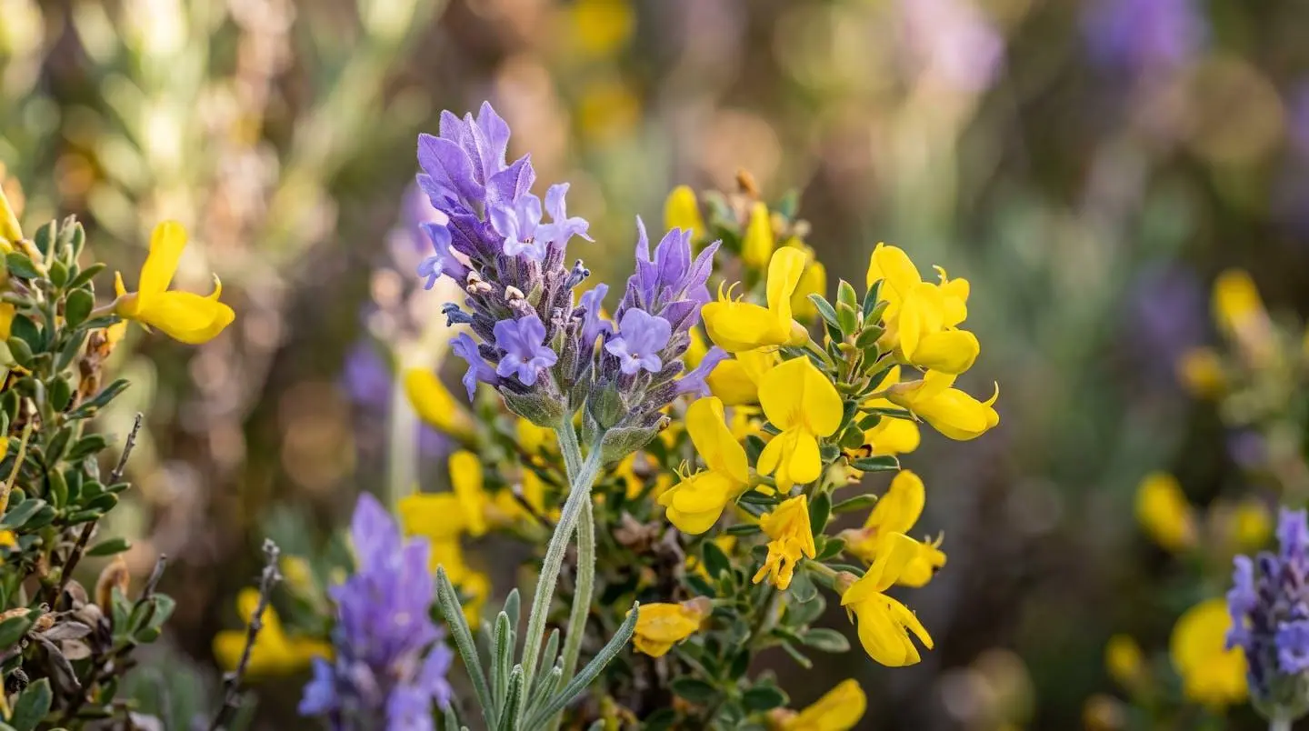 Primo piano ravvicinato di fiori selvatici gialli e rosa del maquis mediterraneo con sfondo naturale sfocato e luce laterale