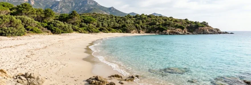 Una spiaggia corsa con sabbia dorata e mare turchese completamente deserta in una mattina di primavera, con vegetazione mediterranea sullo sfondo