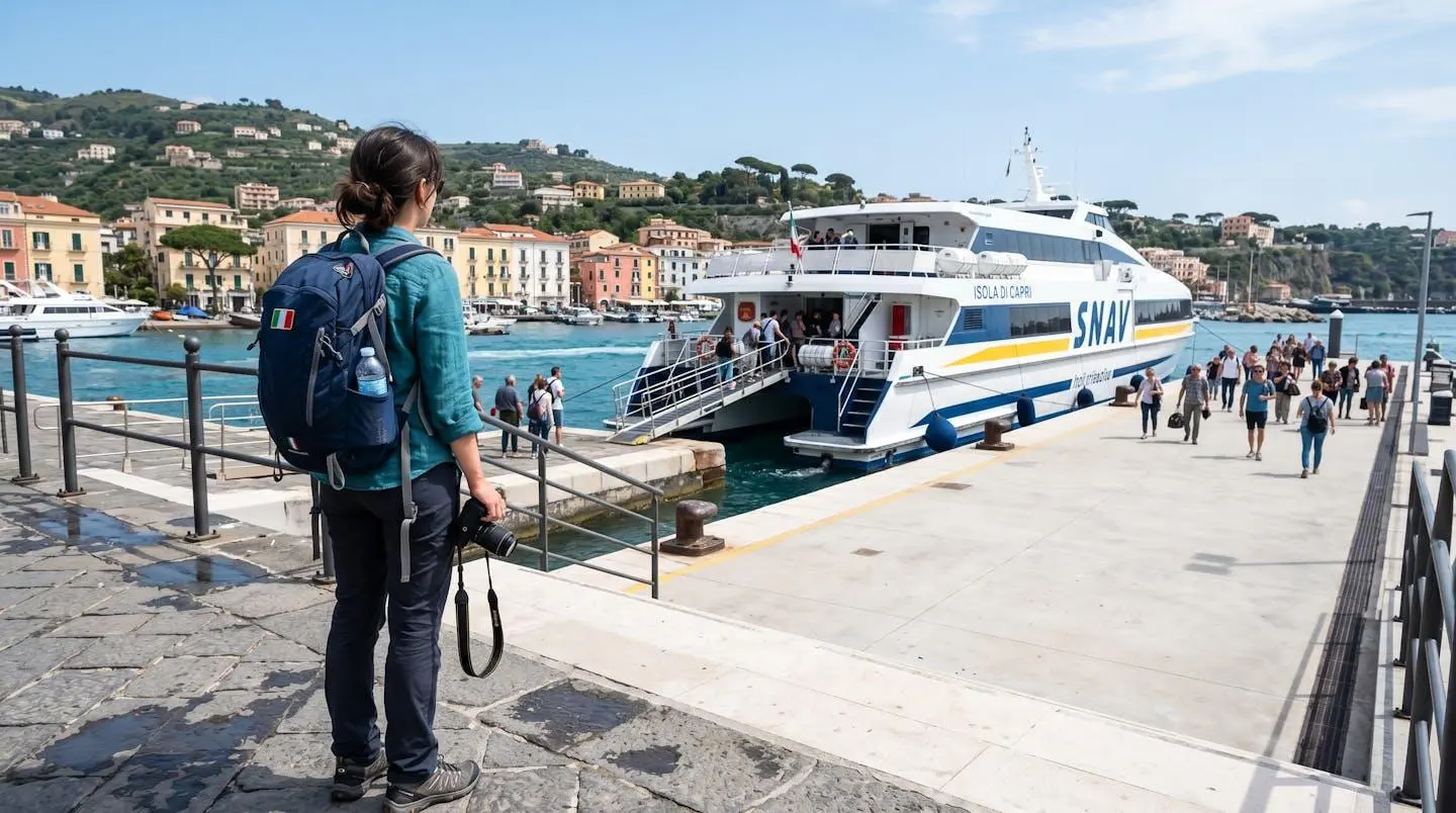 Un viaggiatore di spalle con zaino osserva un grande traghetto bianco ormeggiato in un porto italiano moderno sotto la luce naturale del giorno